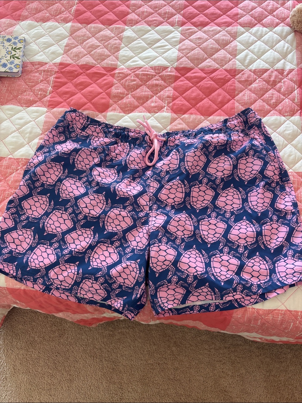 J. Crew Men's Navy Blue Swim Trunks with Pink Turtle Print
